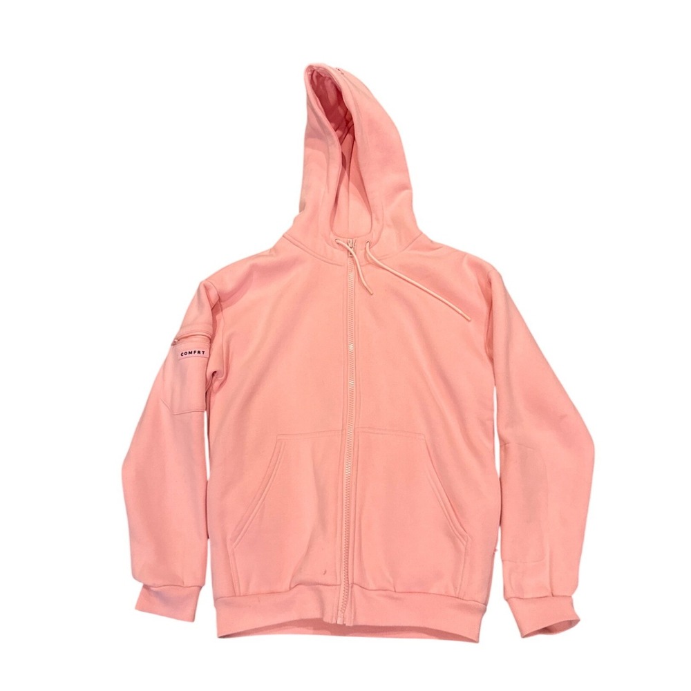 Comfrt Women's S Full Zip Hoodie Pink Peach Fleece Lined Sleeve Pocket Cozycore